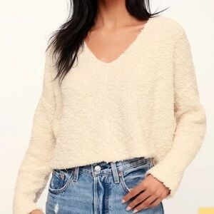 Free People Popcorn Pullover Sweater V-Neck Boucle Cream Off White Medium M